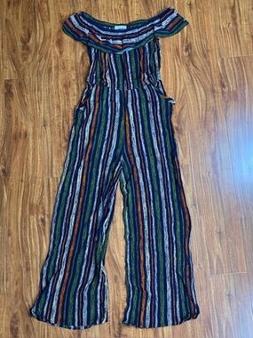 Spring Haze Juniors Green Blue Stripes Gauzy Wide Leg Jumpsuit Size Small Boho